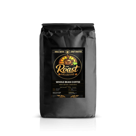Black coffee bag with 'The Roast Collective' label on a white background